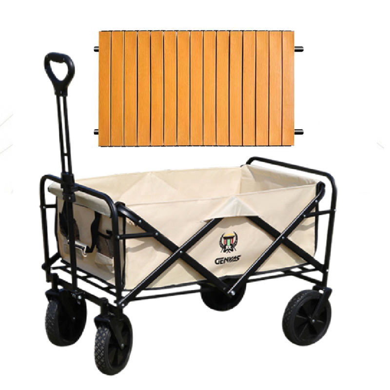 君华仕（GENVAS） 材质：600D牛津布+铁管 桌板：铝合金+原木色 产品尺寸：730*470*470MM 君华仕 GENVAS 大容量折叠露营车GSH006+桌板ZBGS-00601套装  （单位：件） 君华仕 GENVAS 大容量折叠露营车GSH006+桌板ZBGS-00601套装