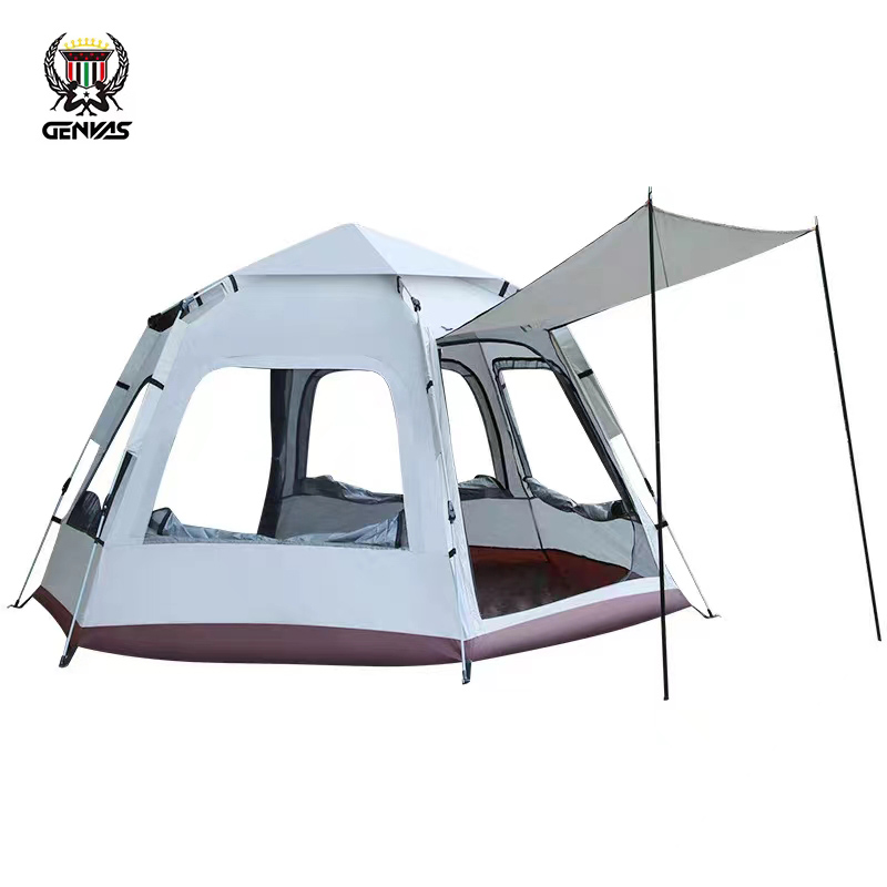 君华仕（GENVAS） 面料：210D防水牛津布 帐篷尺寸：240*210*135CM 收纳尺寸：90*18*18CM 君华仕 GENVAS 单层6面帐篷 GS2608 云雾灰/米白拼酒红色  （单位：件） 君华仕 GENVAS 单层6面帐篷 GS2608 云雾灰/米白拼酒红色