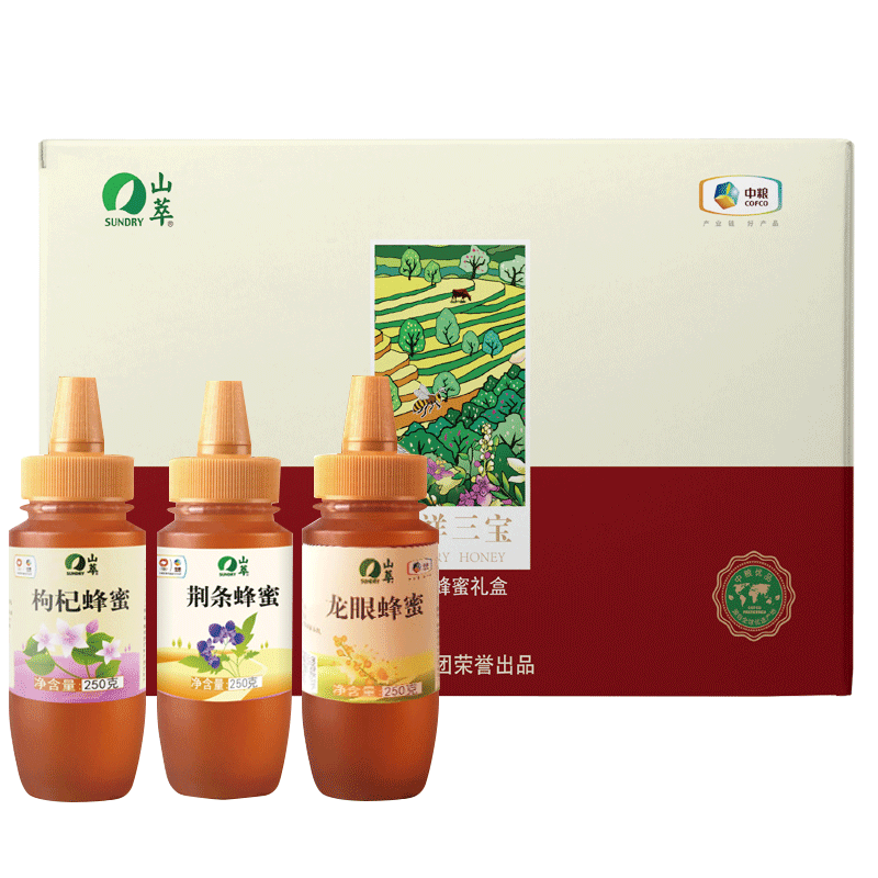 中粮 750g 中粮山萃吉祥三宝蜂蜜礼盒 750g  （单位：盒） 中粮山萃吉祥三宝蜂蜜礼盒 750g