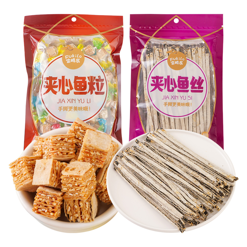 富崎乐（FUKILO） 136g*1份 富崎乐鳕鱼味夹心鱼粒+黑芝麻夹心鱼丝组合 136g/份  （单位：袋） 富崎乐鳕鱼味夹心鱼粒+黑芝麻夹心鱼丝组合 136g/份